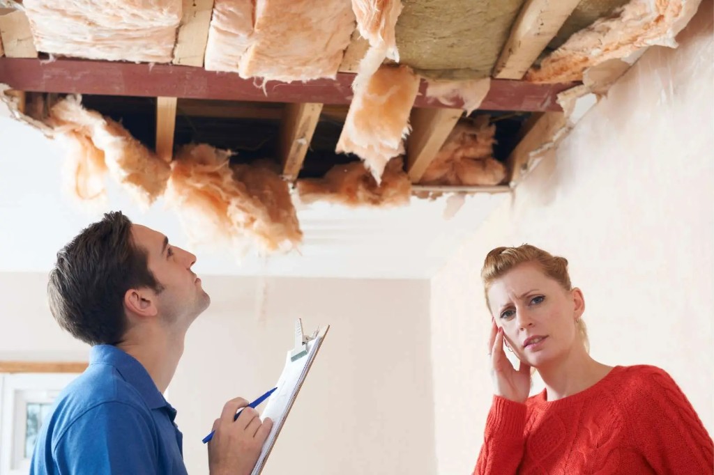 Public adjuster documenting ceiling and insulation damage during a home inspection